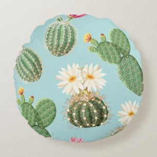 Cojín Redondo Cactus, flores rosas: decoración luminosa