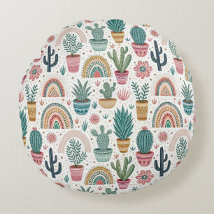 Cojín Redondo Cactus Pot with Plants, Flowers and Rainbows