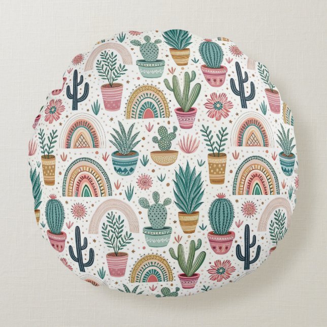 Cojín Redondo Cactus Pot with Plants, Flowers and Rainbows (Anverso)