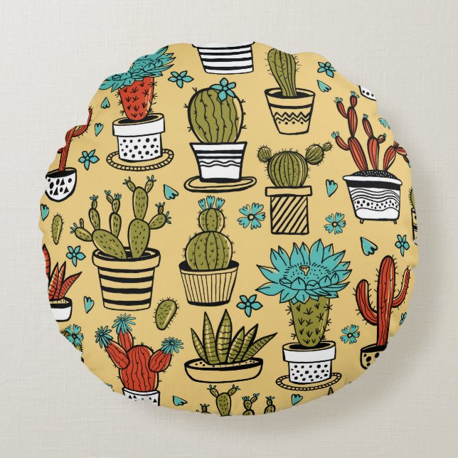 Cojín Redondo Cactus Succulent: Esbozo dibujado a mano (Anverso)