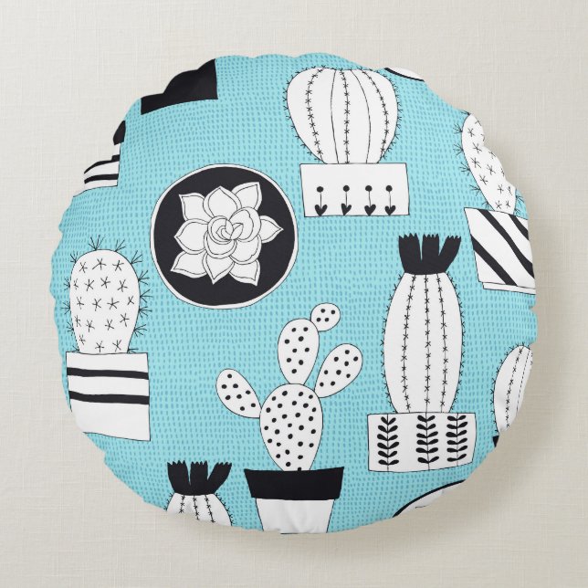 Cojín Redondo Cactus, suculento: diseño a mano sin fisuras. (Anverso)
