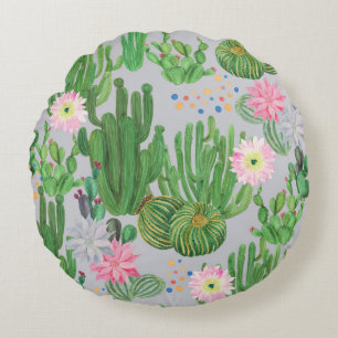 Cojín Redondo Cactus y flores, pintura acuarela sin costura.