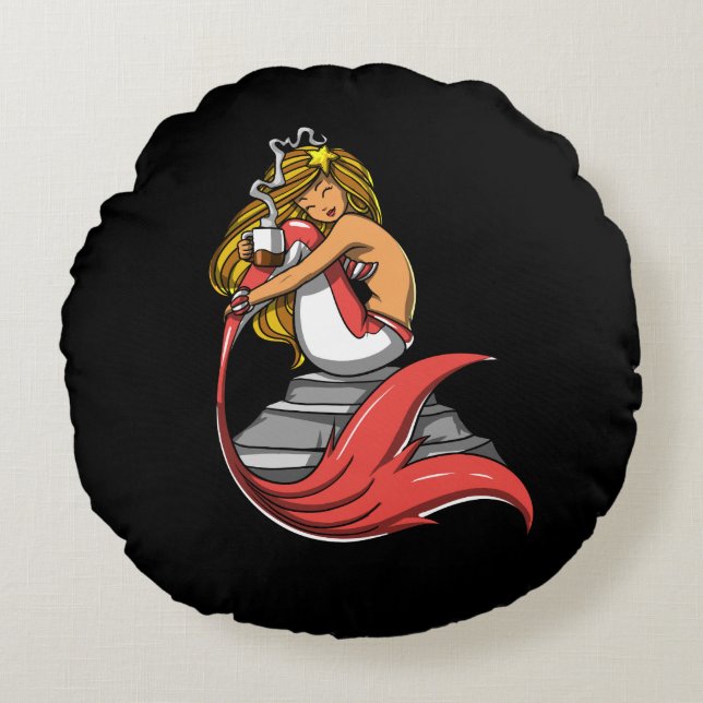 Cojín Redondo Café de sirena lindo que se bebe a través del océa (Anverso)