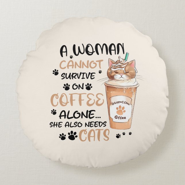 Cojín Redondo Café y gatos - Arte Cute Kawaii (Anverso)