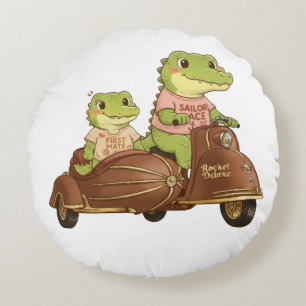 Cojín Redondo Caimanes Adorables en Scooter Antiguo con Sidecar
