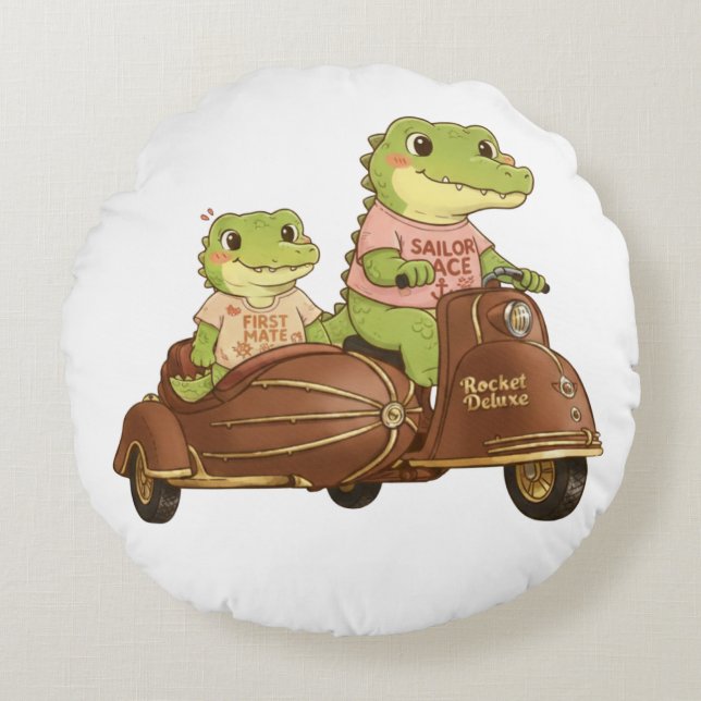 Cojín Redondo Caimanes Adorables en Scooter Antiguo con Sidecar  (Anverso)