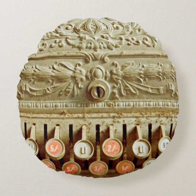 Cojín Redondo Caja de cambios de época, cubierta de polvo y tela (Anverso)