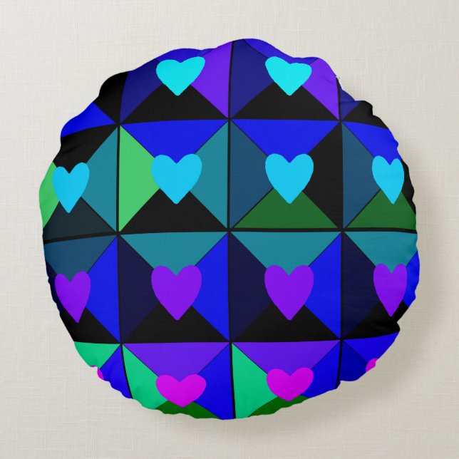 Cojín Redondo Cajas de corazones azules (Reverso)