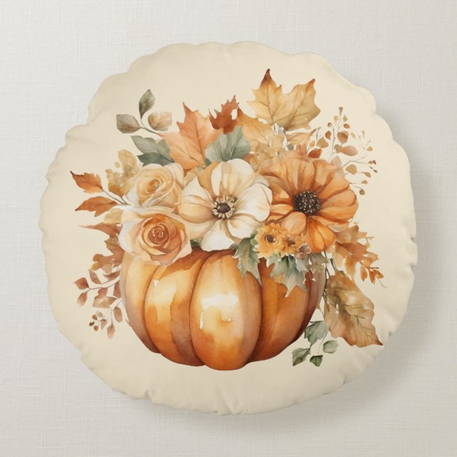 Cojín Redondo Calabaza acuática y diseño floral- (Anverso)