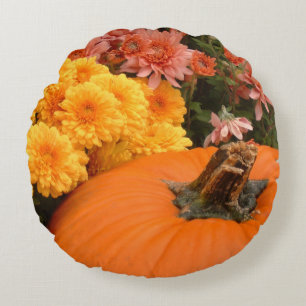 Cojín Redondo Calabaza Con Mamáes Amarillas Y Corales