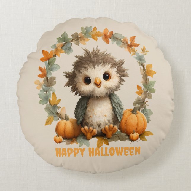 Cojín Redondo Calabaza de búho lindo Feliz diseño de Halloween (Anverso)