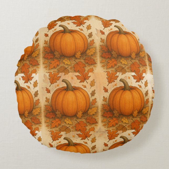 Cojín Redondo Calabaza de Otoño Dorada y hojas de caída (Anverso)