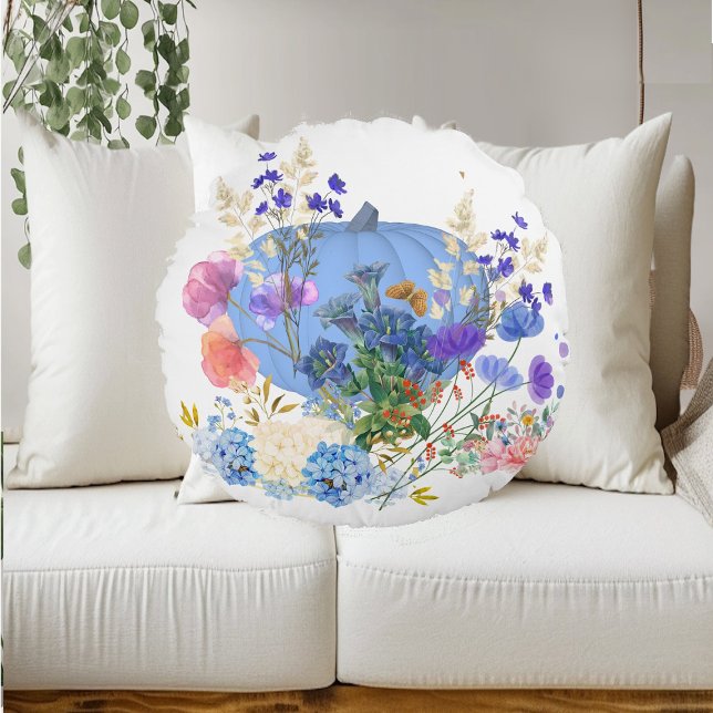 Cojín Redondo Calabaza de otoño Pastel Azul Floral Botánica Azul (Autumn Fall Pumpkin Pastel Blue Botanical Floral Round Pillow)