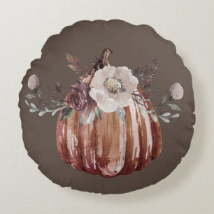 Cojín Redondo Calabaza floral de otoño marrón, terracota, plomo