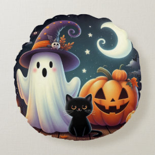 Cojín Redondo Calabaza, gato y fantasma de Halloween.