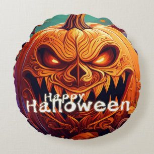 Cojín Redondo Calabaza naranja aterradora con cara, Halloween