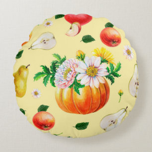 Cojín Redondo calabaza naranja, crisantemo, peras, manzanas roja