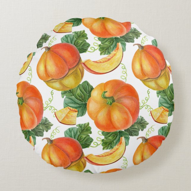 Cojín Redondo Calabaza naranja: Patrón veraniego-otoño. (Anverso)