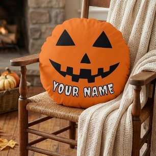 Cojín Redondo Calabaza Naranja Personalizada de Halloween con Tu