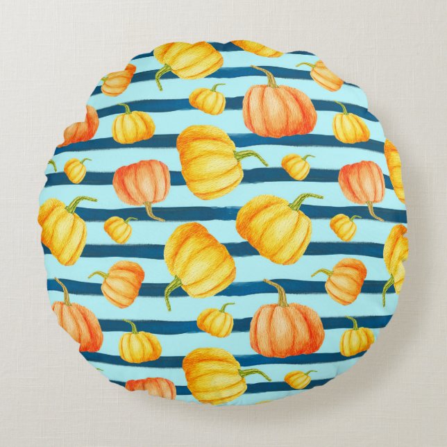 Cojín Redondo Calabaza Naranja redonda. Mancha acuática sin foco (Anverso)