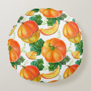 Cojín Redondo Calabaza naranja sobre fondo blanco. Patata sin fo
