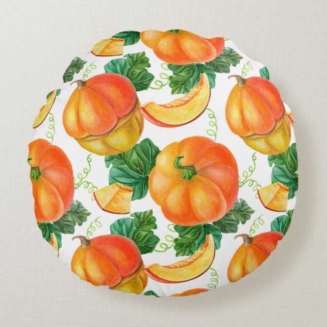 Cojín Redondo Calabaza naranja sobre fondo blanco. Patata sin fo (Anverso)