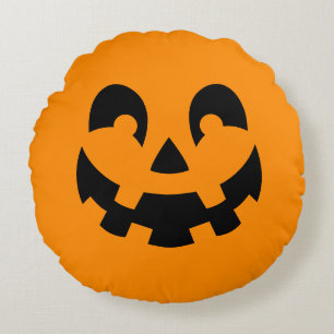 Cojín Redondo Calabaza Negra Simple Cara en Naranja Halloween