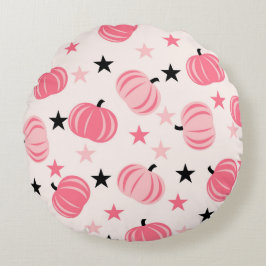 Cojín Redondo Calabaza rosa y negra con estrellas Halloween y Ot