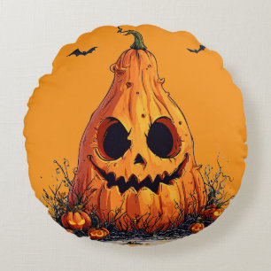 Cojín Redondo Calabaza sonriente con expresión fantasmal