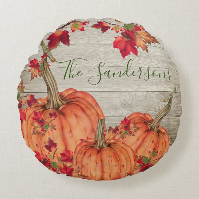 Cojín Redondo Calabazas de Naranja de otoño de madera rústica ho (Anverso)
