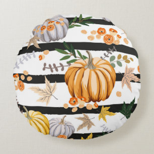 Cojín Redondo Calabazas naranjas de otoño, flores, hojas, rayas