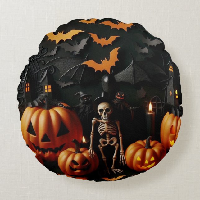 Cojín Redondo Calabazas y esqueleto (Anverso)