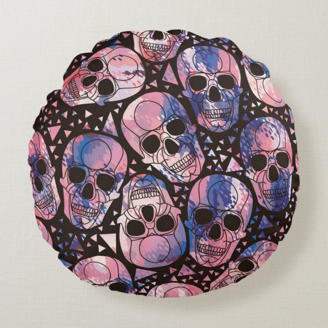 Cojín Redondo Calavera con ornamento poligonal. Halloween. Sin i (Anverso)