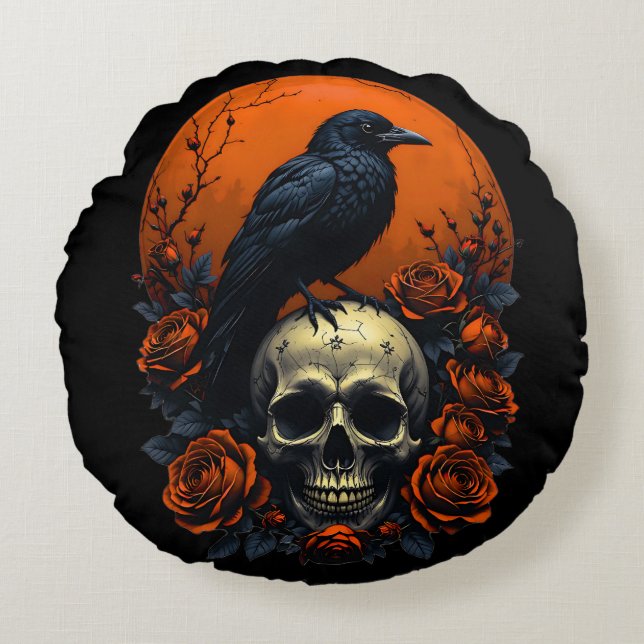 Cojín Redondo Calavera con Rosas y sudadera gótica de cuerdas (Anverso)