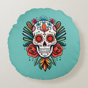 Cojín Redondo Calavera de azúcar colorida de Watercolor Cinco De