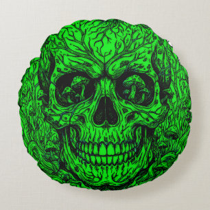 Cojín Redondo Calavera de bosque verde neón - Setas psicodélicas