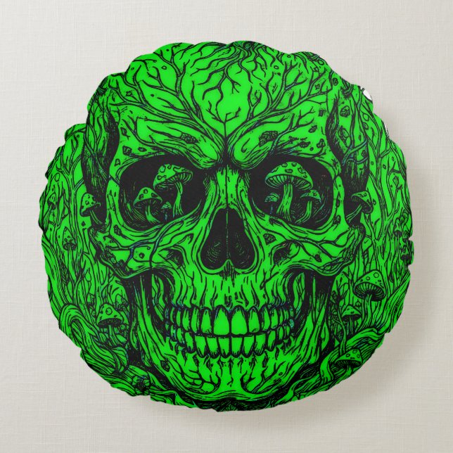 Cojín Redondo Calavera de bosque verde neón - Setas psicodélicas (Anverso)