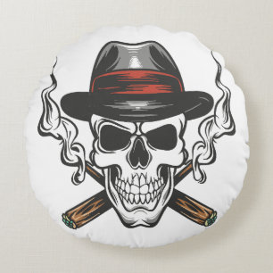 Cojín Redondo Calavera de gánster con sombrero fedora
