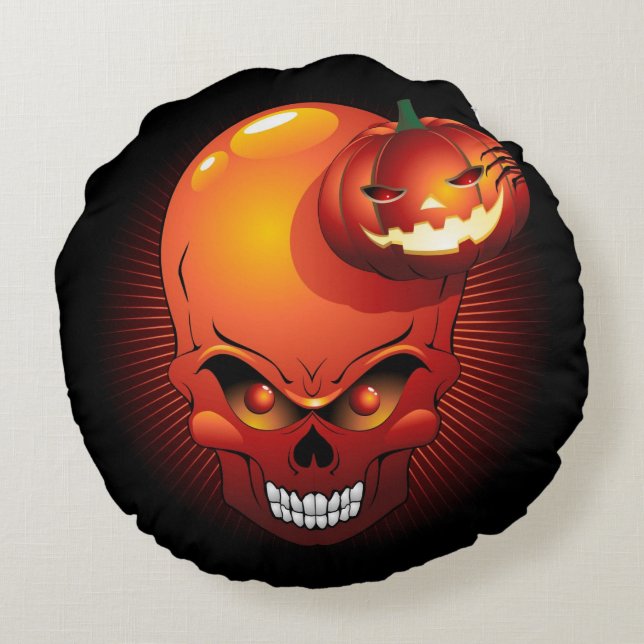 Cojín Redondo Calavera de Halloween y calabaza (Reverso)
