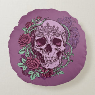 Cojín Redondo Calavera de lavanda con diseño gótico de rosas