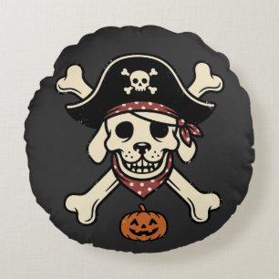Cojín Redondo Calavera de perro pirata vintage de Halloween Cruz