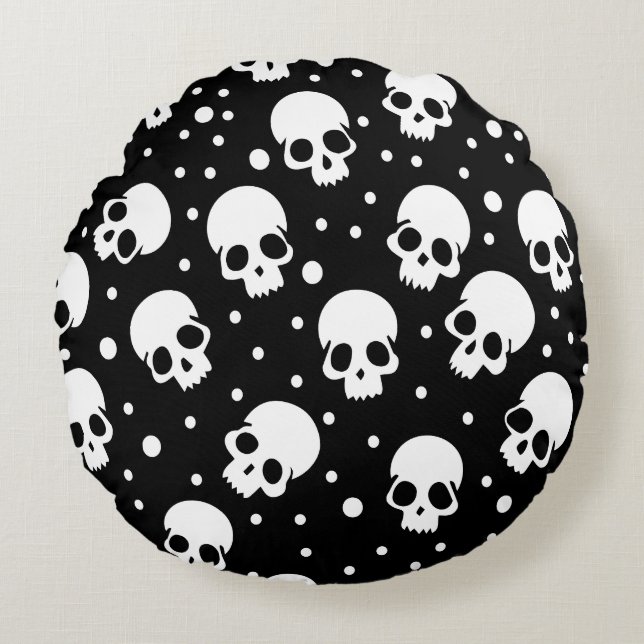 Cojín Redondo Calavera de punto de polka monocroma (Anverso)