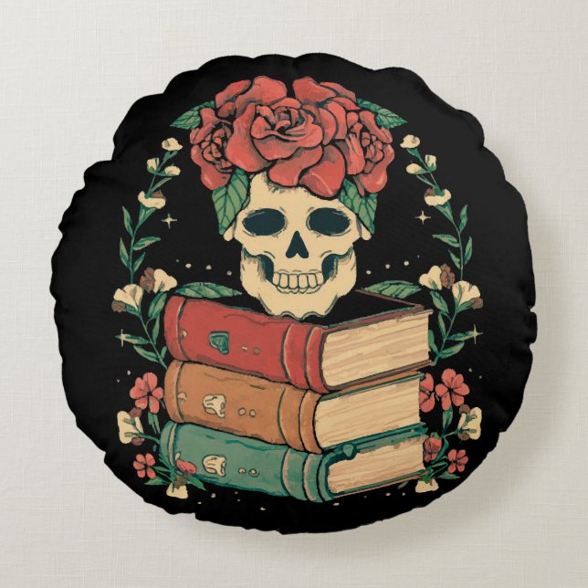 Cojín Redondo Calavera Floral en tus Libros (Anverso)