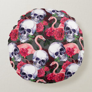 Cojín Redondo Calavera floral, flamingo sin costuras.