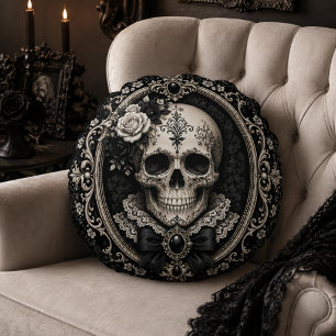 Cojín Redondo Calavera gótica victoriana romance negro marfil os