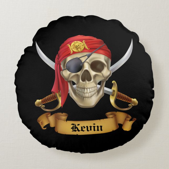 Cojín Redondo Calavera y Espadas de Pirata (Anverso)