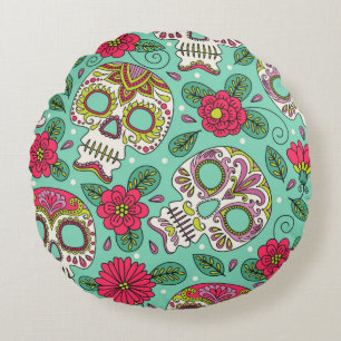 Cojín Redondo Calavera y flores. Fondo Sin Maravillas. da mexica