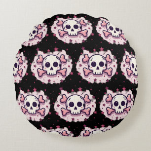 Cojín Redondo Calavera y Huesos Cruzados Rosa Pastel