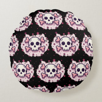 Cojín Redondo Calavera y Huesos Cruzados Rosa Pastel