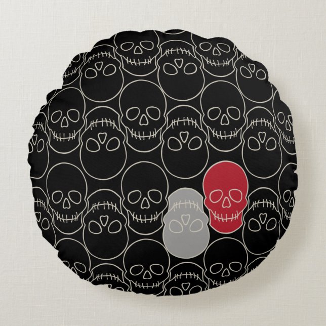 Cojín Redondo Calaveras - Blanco negro y negro (Anverso)